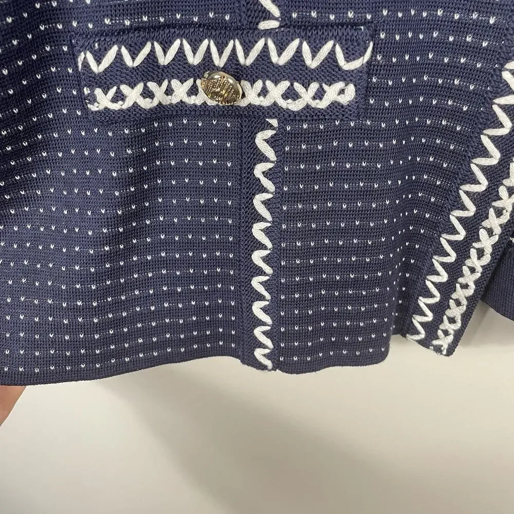 Ming Wang Cardigan Blazer Size XL Navy White Embroidered Stretch Office Career - Picture 6 of 12